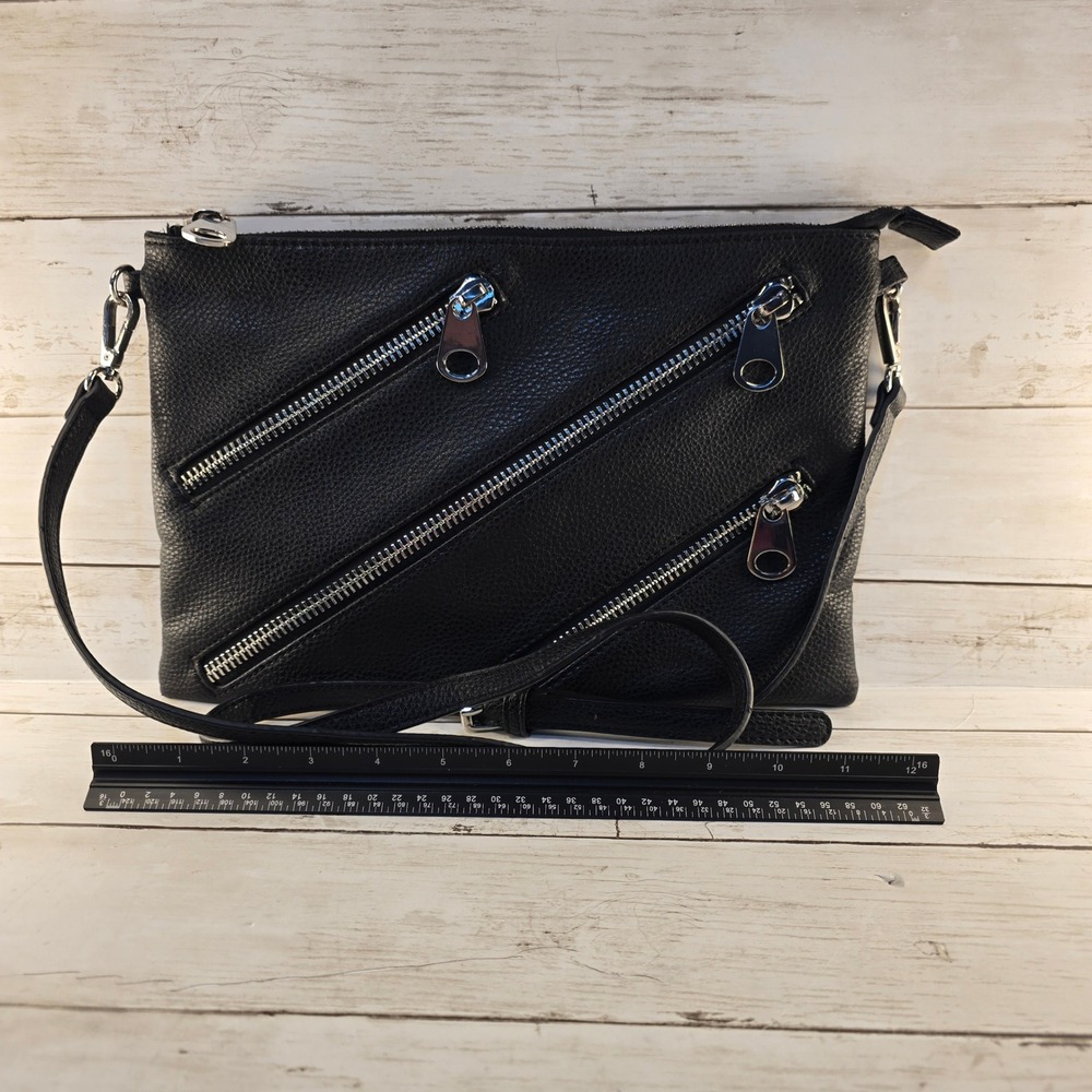 Charming Charlie Black Pebbled Vegan Leather Triple Zipper Crossbody Bag